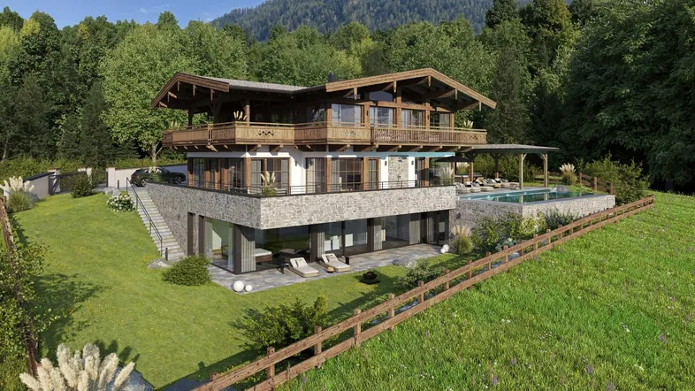 Luxuriöses Chalet mit Infinity-Pool, großzügigen Terrassen und atemberaubendem Bergblick.