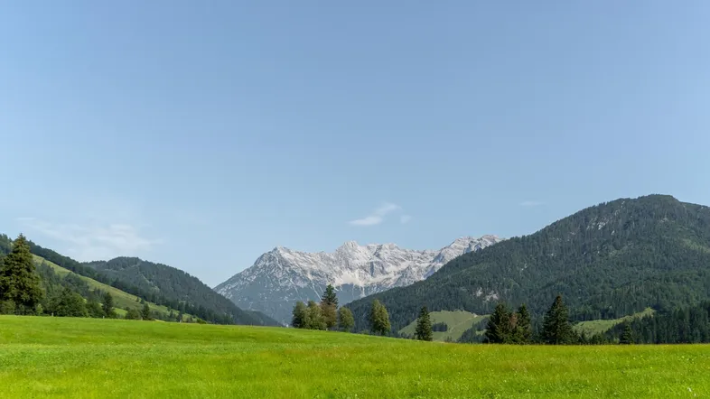 Malerische Berglandschaft mit weiten grünen Wiesen unter einem klaren blauen Himmel.