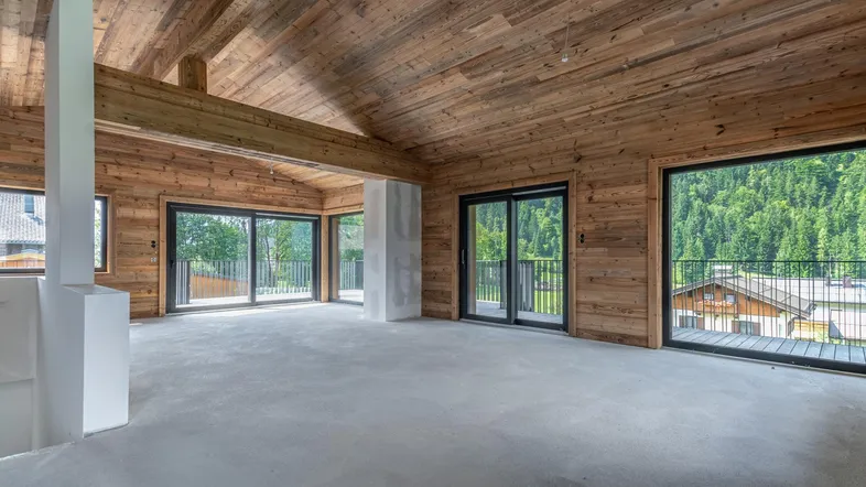 Geräumiger, unmöblierter Innenraum mit Holzwänden und -decke, großen Fenstern und Bergblick.