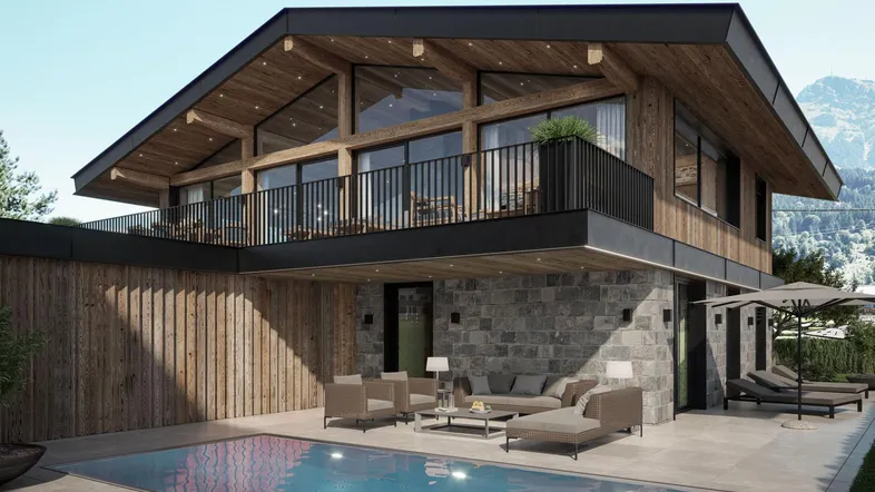 Moderne Chalet-Architektur mit großem Pool, luxuriöser Außenterrasse und Bergblick.