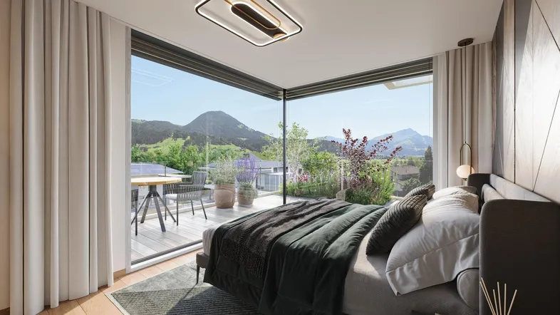 Modernes Schlafzimmer mit großen Fenstern, Holzboden und Zugang zu einer Terrasse mit Bergblick.