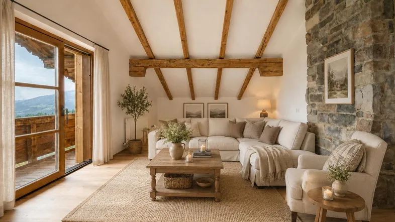 Gemütliches Wohnzimmer im alpinen Stil mit Holzbalken, Steinwand und Zugang zum Balkon mit Bergblick.