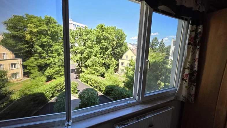 Heller Ausblick aus einem Fenster auf einen grünen Innenhof mit Bäumen und umliegenden Gebäuden.