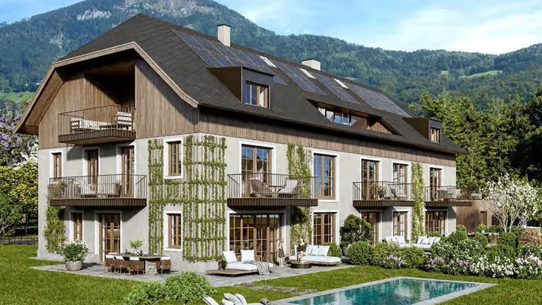 Visualisierung eines modernen Hauses mit Pool, Balkonen und Bergblick in grüner Umgebung.