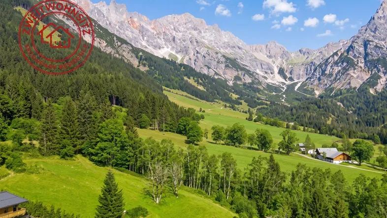 Panoramablick auf die majestätische Berglandschaft mit grünen Wäldern und Wiesen, umgeben von traditionellen Häusern.