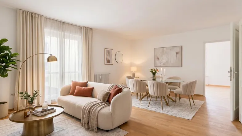 Helles, modern eingerichtetes Wohn- und Esszimmer mit Parkettboden und Zugang zum Balkon.