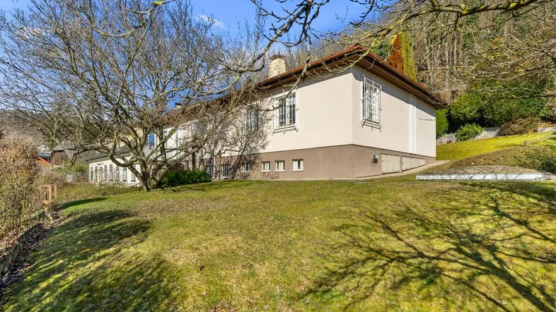 Gut gepflegte Hausfassade mit großem Garten, altem Baumbestand und Blick ins Grüne an einem sonnigen Hang.