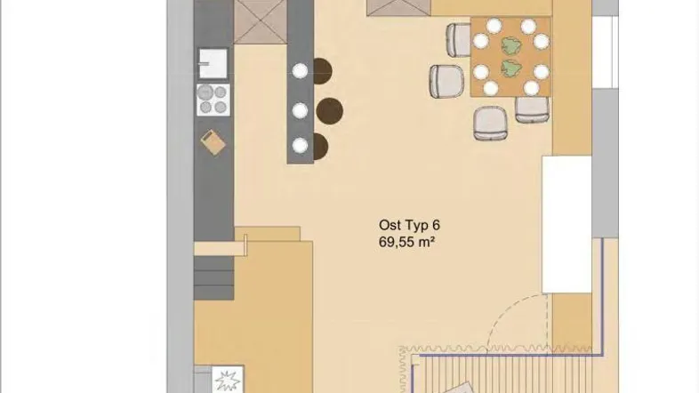 Detaillierter Grundriss einer Wohnung mit offenem Wohnbereich, Schlafzimmer, Bad und Loggia.
