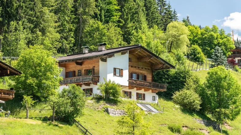 Traditionelles Holzhaus im Chalet-Stil, eingebettet in eine grüne Hügellandschaft mit bewaldeten Bergen.