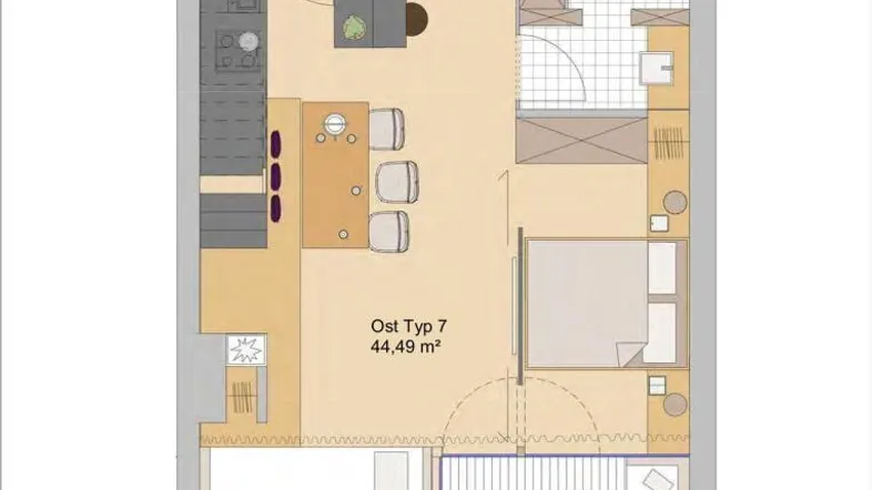 Grundriss einer Wohnung mit offenem Wohnbereich, Schlafzimmer, Bad und Loggia mit Liegewiese.