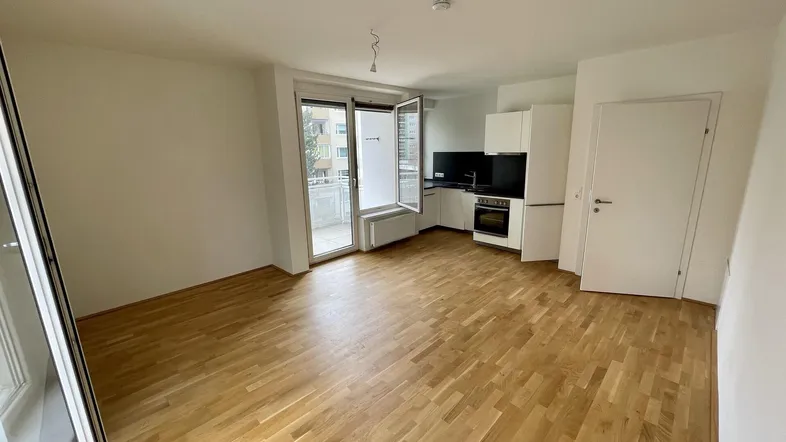 Heller Wohnbereich mit Parkettboden, integrierter Küchenzeile und Zugang zum Balkon.