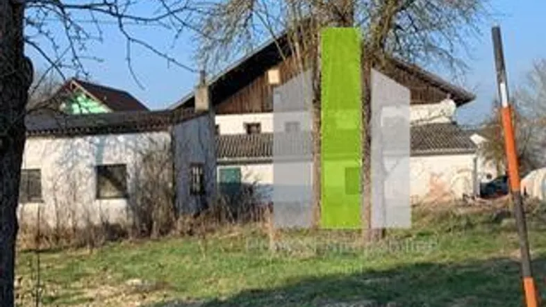 Altes Gebäude mit ländlichem Charme und großem Baum im Vordergrund, umgeben von Grasland.