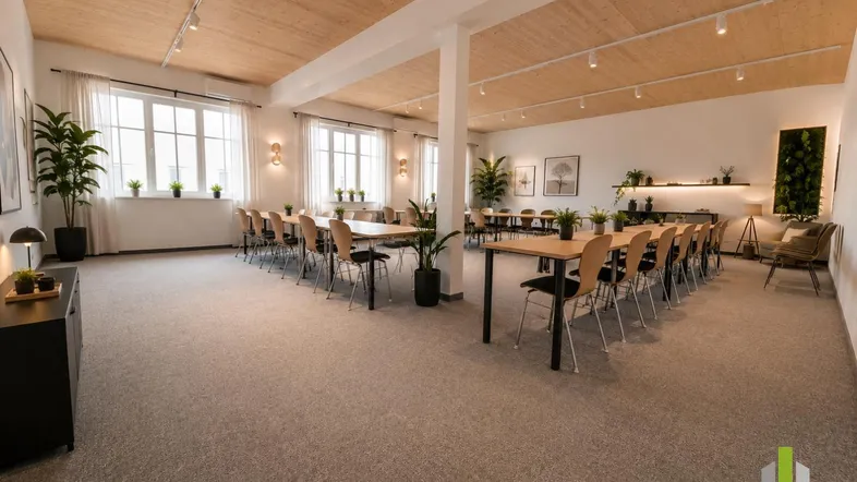 Großer Konferenzraum mit Holzbalkendecke, Teppichboden und viel Tageslicht durch hohe Fenster.