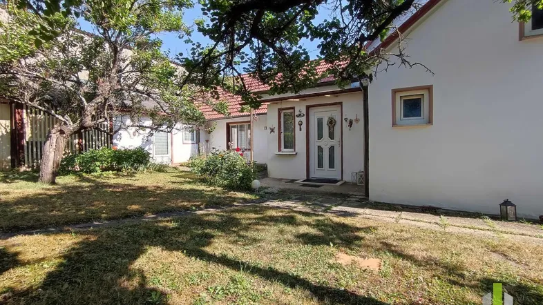 Vorderansicht des Hauses mit gepflegtem Vorgarten und altem Baumbestand unter blauem Himmel.