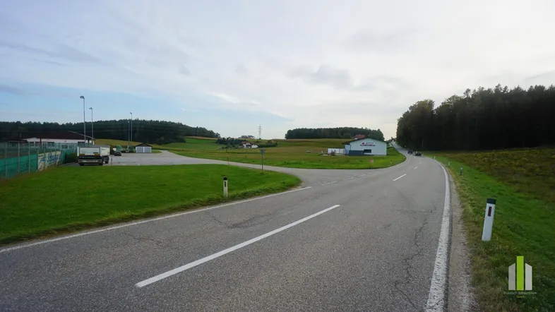 Landstraße mit Abzweigung, umgeben von grünen Feldern und Wald, unter einem bewölkten Himmel.