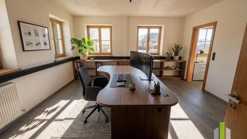 Geräumiges Büro mit Holzboden, großem Schreibtisch und mehreren Fenstern, die viel Tageslicht hereinlassen.