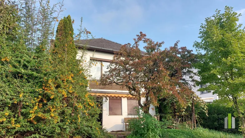 Ansicht des Hauses von der Seite, umgeben von üppiger Vegetation und Bäumen.