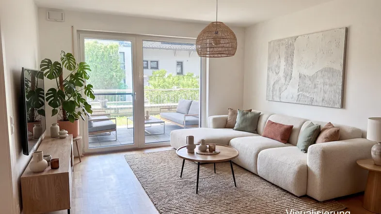 Helles Wohnzimmer mit modernem Sofa, Holzboden und Zugang zu einer Terrasse.
