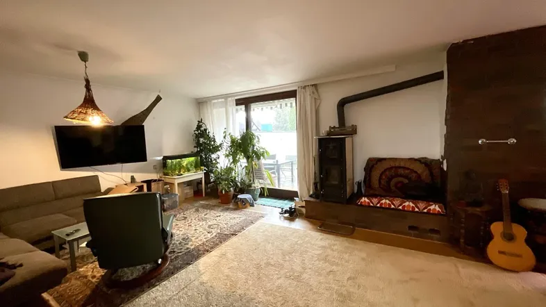 Gemütliches Wohnzimmer mit Holzofen, vielen Pflanzen und Zugang zur Terrasse.