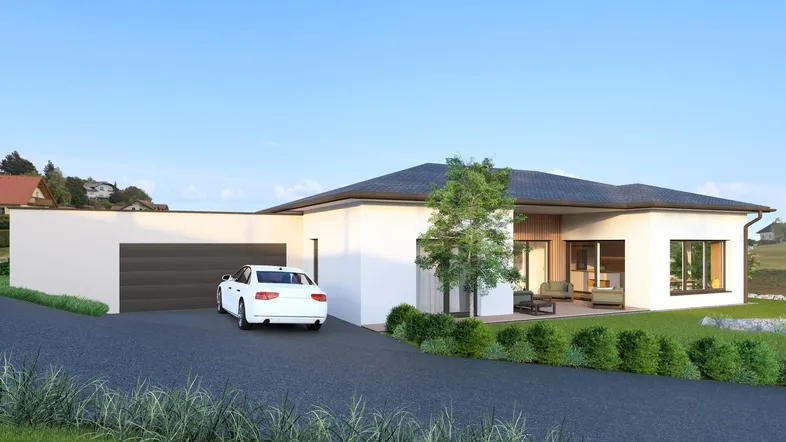 Moderne Hausfassade mit Garage, Auffahrt und kleiner Terrasse für entspannte Stunden im Freien.