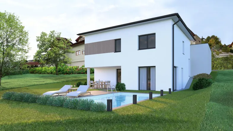 Moderne Hausvisualisierung mit Pool, Liegestühlen und großer Rasenfläche im Grünen.