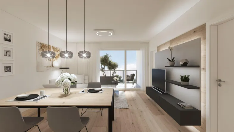 Heller, offener Wohn- und Essbereich mit Holzboden, modernem Design und Zugang zum Balkon.
