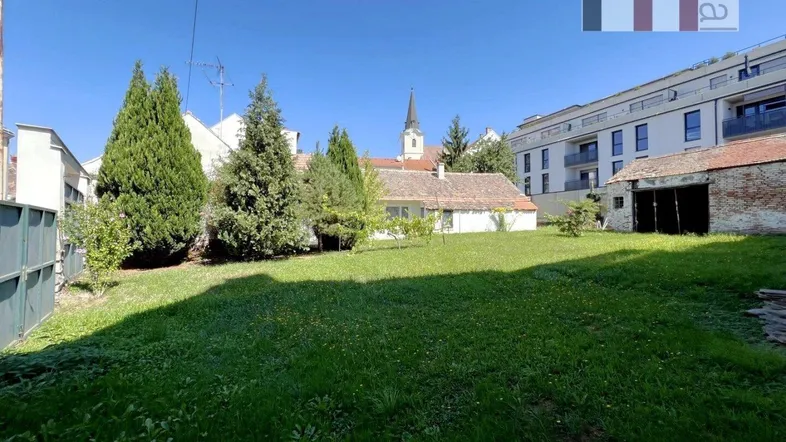 Großer Gartenbereich mit Rasenfläche, umgeben von Bäumen und Blick auf eine Kirche sowie moderne Gebäude.