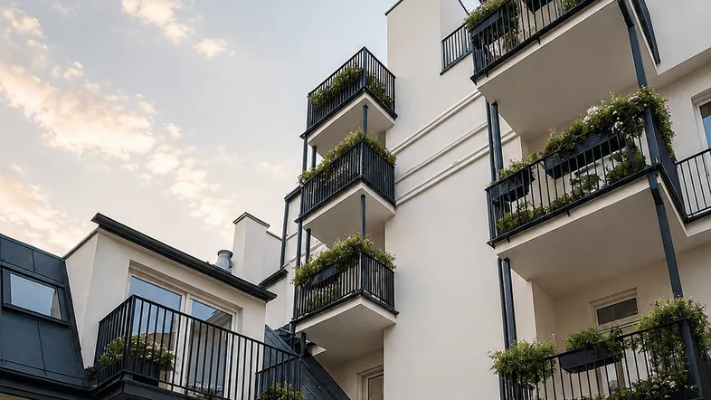 Moderne Gebäudefassade mit weißen Wänden, schwarzen Balkongeländern und bepflanzten Balkonen unter blauem Himmel.