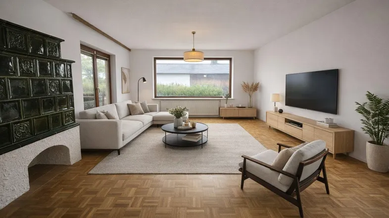 Helles Wohnzimmer mit traditionellem Kachelofen, Parkettboden und Blick ins Grüne.