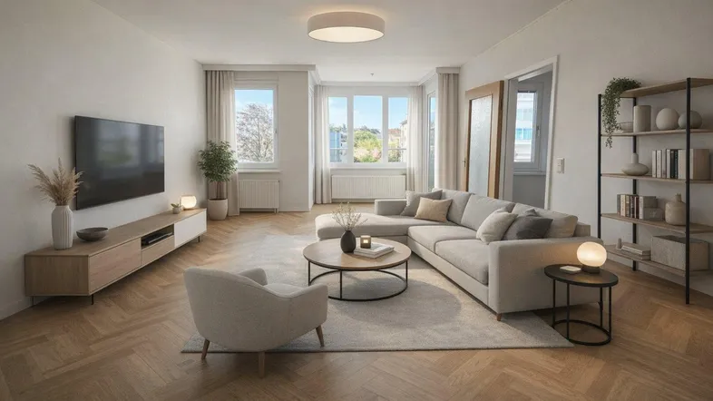 Helles, modern eingerichtetes Wohnzimmer mit Fischgrätparkett, beigem Sofa und Blick ins Grüne.