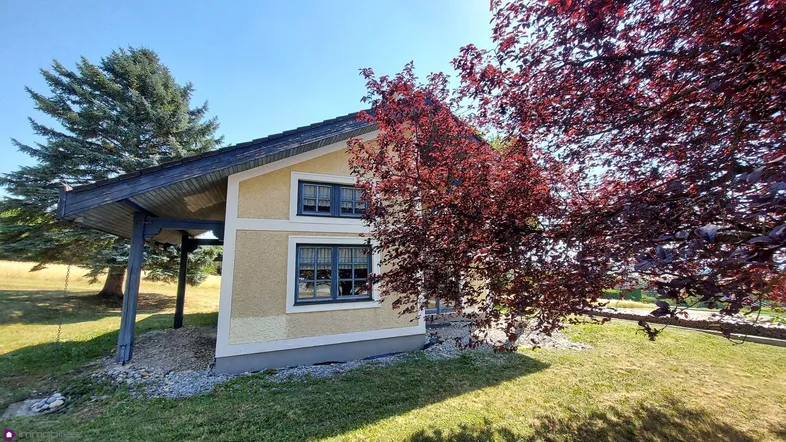 Charmantes Haus mit gelber Fassade und rotem Baum im Vorgarten unter blauem Himmel.