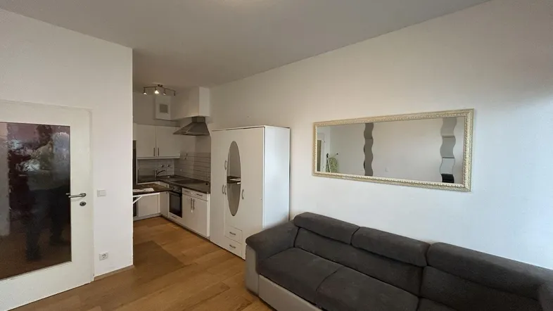 Helles Wohnzimmer mit Sofa und integrierter Küchenzeile, ausgestattet mit Holzfußboden.