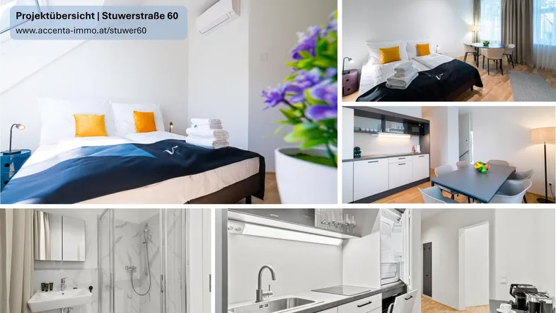 Collage moderner Innenräume mit Schlafzimmer, Küche, Essbereich und Badezimmer in hellem Design.