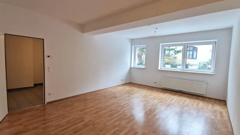 Heller, leerer Wohnraum mit Holzboden und großen Fenstern, der viel natürliches Licht hereinlässt.