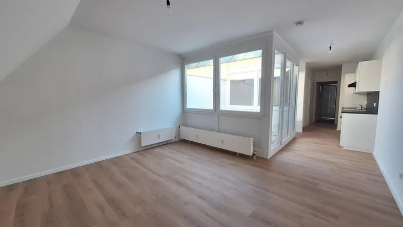 Helles Wohnzimmer mit Laminatboden, weiß gestrichenen Wänden und integrierter Küchenzeile.