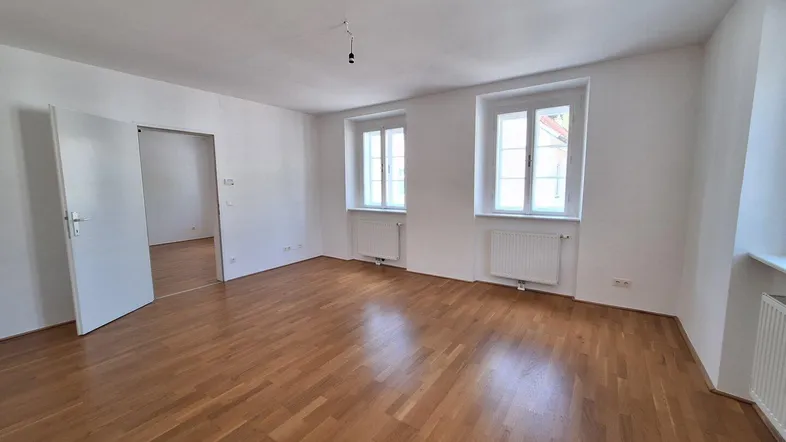 Helles Wohnzimmer mit Parkettboden und zwei Fenstern, das viel Tageslicht hereinlässt.