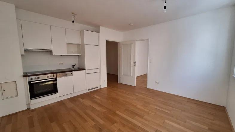 Helles Zimmer mit integrierter Küchenzeile, Parkettboden und viel Tageslicht.
