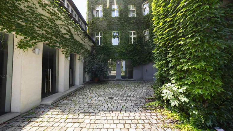 Eingangsbereich eines Gebäudes mit Kopfsteinpflasterhof, umgeben von üppigem Efeu an den Fassaden.