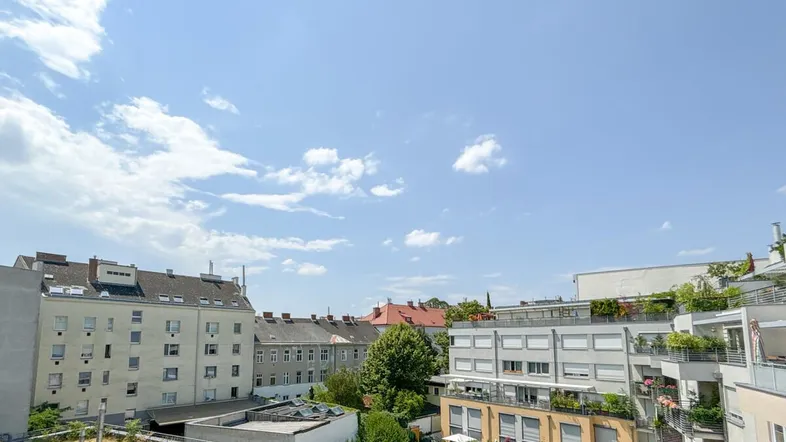 Panoramablick über die Dächer der Stadt mit viel Grün und blauem Himmel.