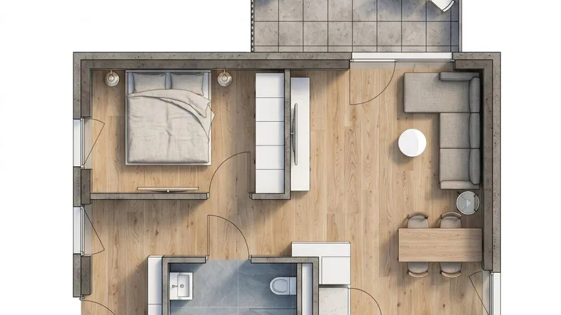 Grundriss einer modernen Wohnung mit einem Schlafzimmer, offenem Wohnbereich und Terrasse.