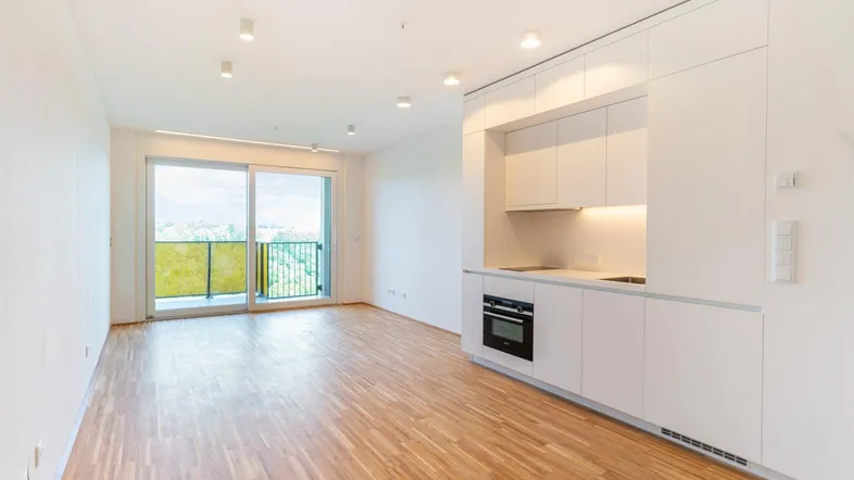 Heller offener Wohnbereich mit integrierter Küche, Parkettboden und Zugang zu einem Balkon.