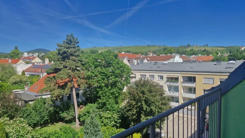 Panoramablick von einem Balkon über grüne Dächer, Bäume und sanfte Hügel unter blauem Himmel.