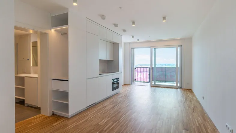 Heller Wohnbereich mit integrierter Küchenzeile, Parkettboden und Zugang zum Balkon.