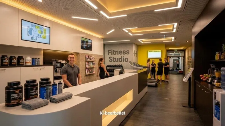 Moderner Empfangsbereich eines Fitnessstudios mit Theke, Regalen und Trainingsgeräten im Hintergrund.