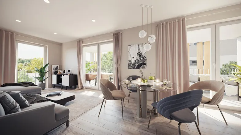 Heller, offener Wohn- und Essbereich mit modernem Design, Holzboden und Zugang zu einem Balkon.