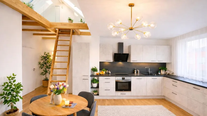 Moderne offene Küche mit Essbereich, Holztreppe zur Galerie und viel natürlichem Licht.