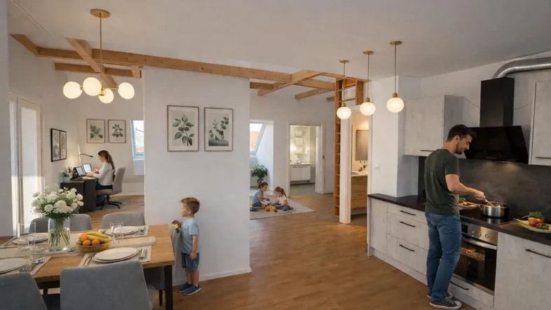 Helles, offenes Wohnkonzept mit integrierter Küche, Essbereich und Blick auf weitere Räume.