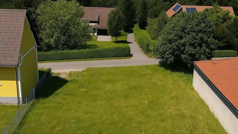 Luftaufnahme eines Baugrundstücks mit umliegenden Häusern und Fernblick auf die Stadt und Berge.