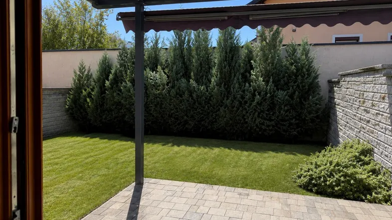 Gepflegter Gartenbereich mit Rasenfläche, gepflasterter Terrasse und Überdachung.