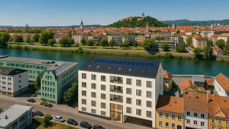 Modernes Gebäude mit Solarpaneelen am Flussufer und Stadtblick bei strahlendem Sonnenschein.